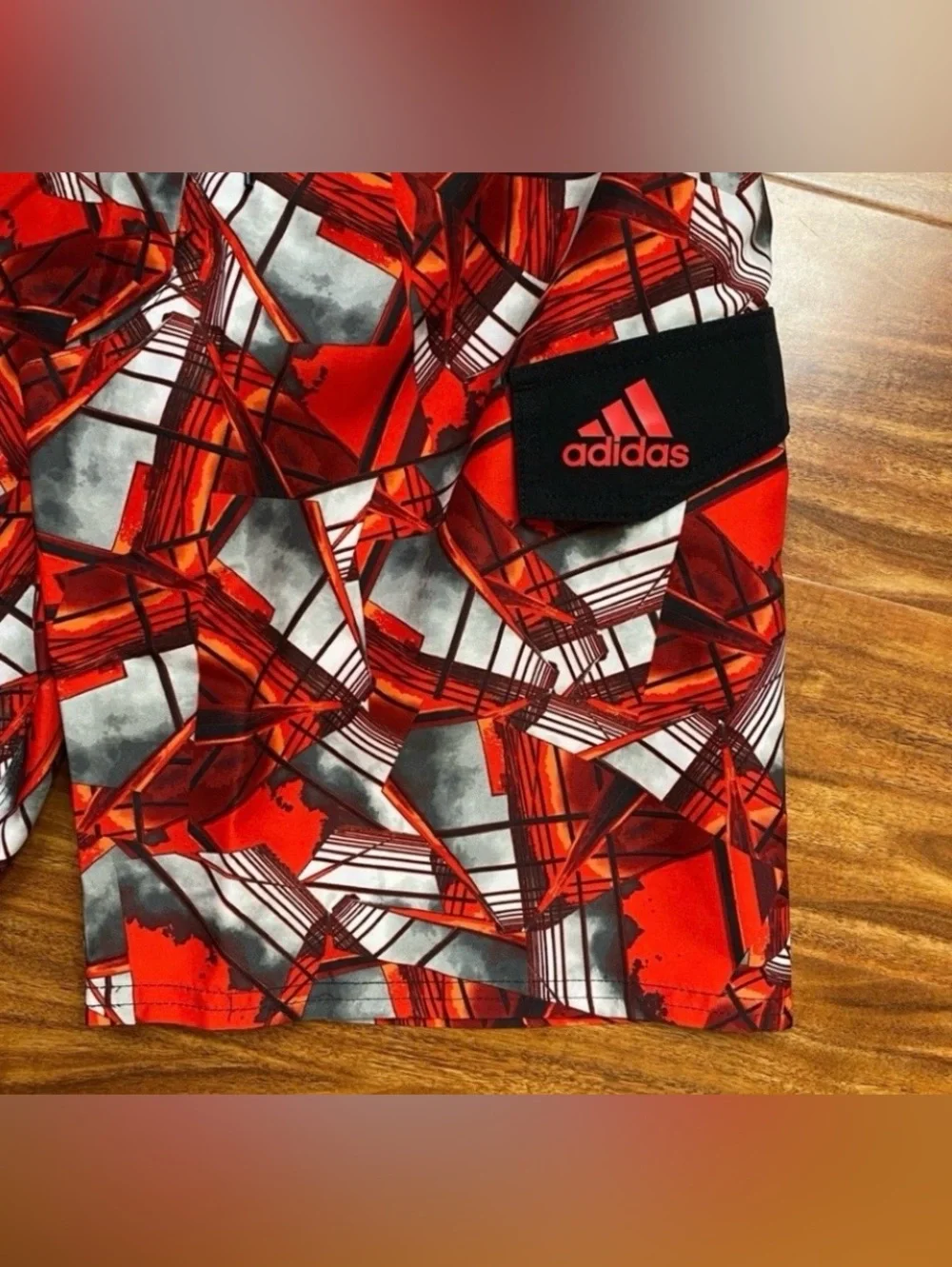 NWT New Adidas Boys Red Black Geometric Print Swim Board Shorts Vacation Size M